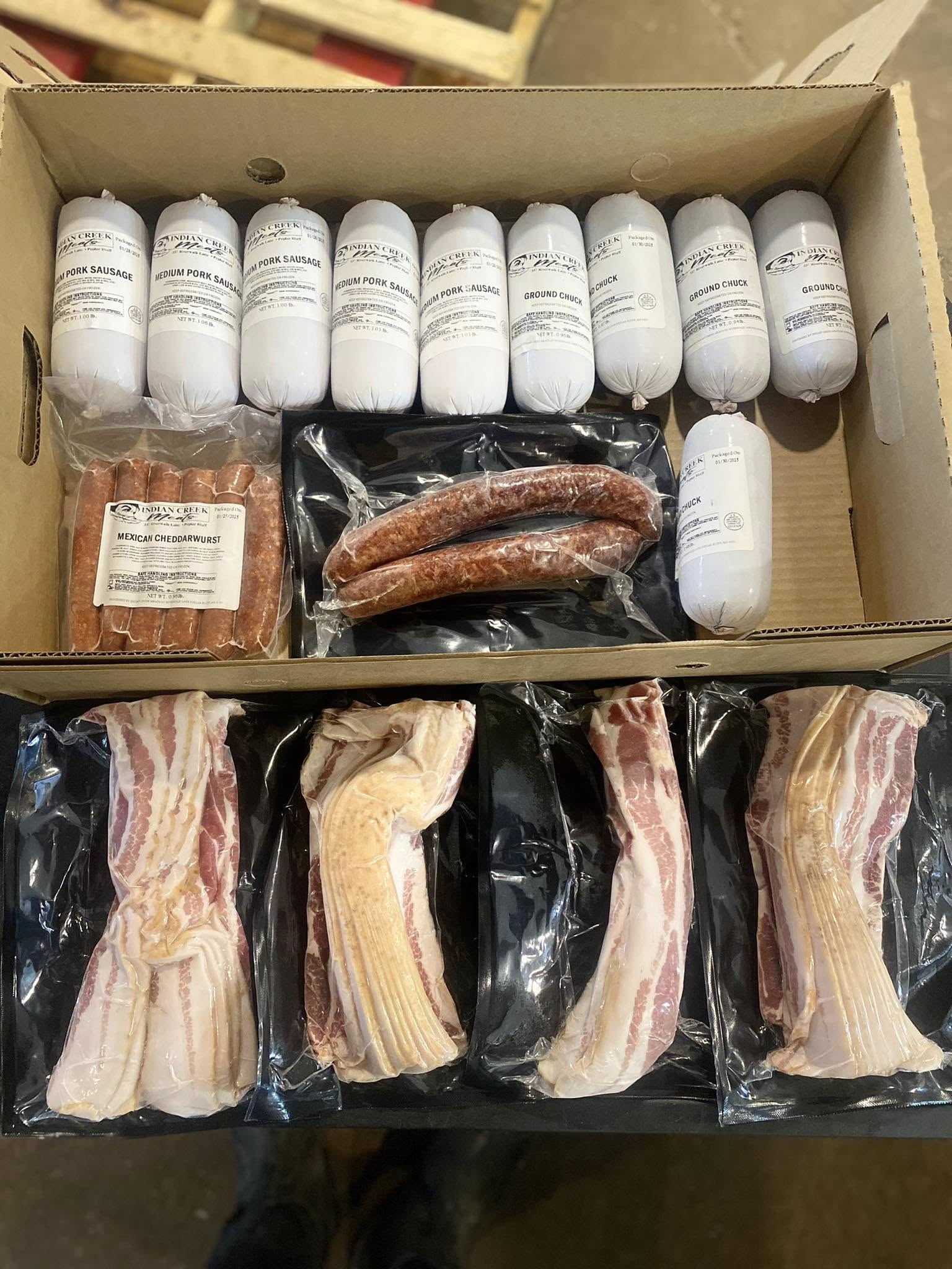 Indian Creek Meats branded pork sausage cured bacon ground chuck packaging
